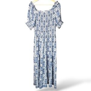 MAX STUDIO Silky Easy Care Maxi Dress Smocked Bodice Tiered Skirt Blue White L